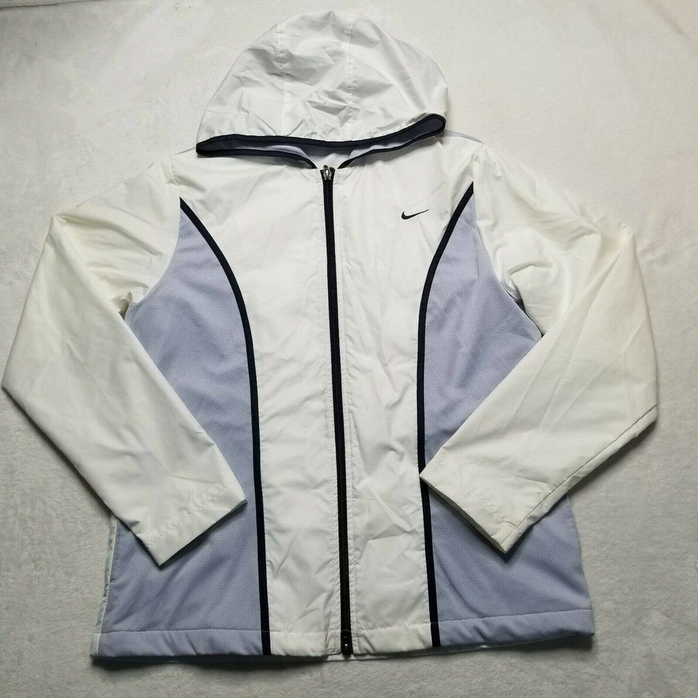 NIKE Full Zip Windbreaker Womens Size Large Lilac and White Long Sleeve Hooded